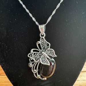 Gold Coast Sterling Silver and Onyx Butterfly Necklace with Earrings  NEW IN BOX